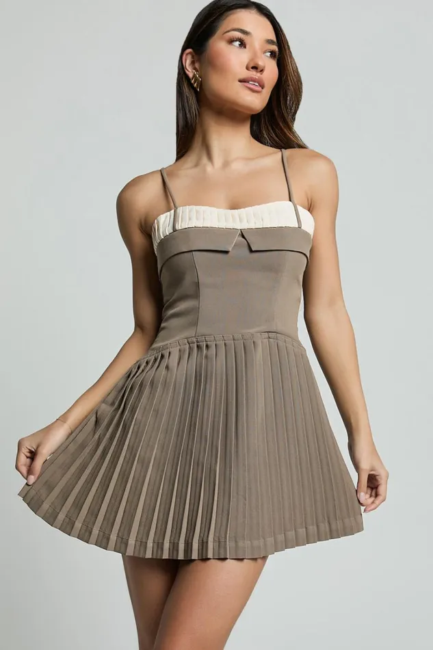 Aaron Mini Dress 8211 Strappy Fit And Flare Pleat Skirt Dress In Light Brown Women Showpo Dresses Aaron Mini Dress 8211 Strappy Fit And Flare Pleat Skirt Dress In Light Brown Women Showpo Dresses