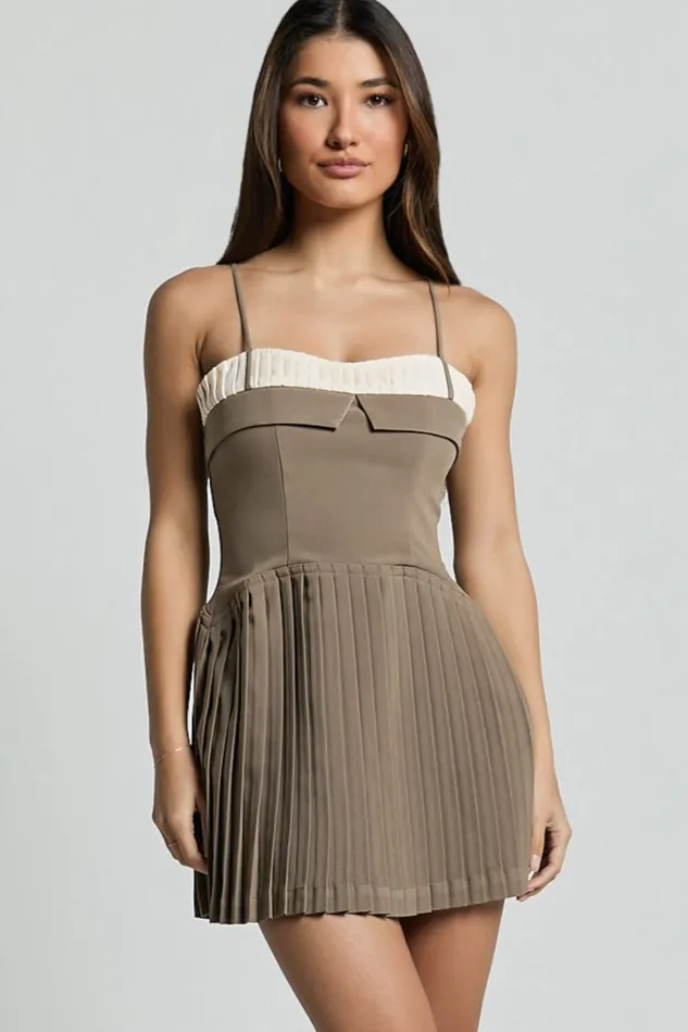 Aaron Mini Dress 8211 Strappy Fit And Flare Pleat Skirt Dress In Light Brown Women Showpo Dresses