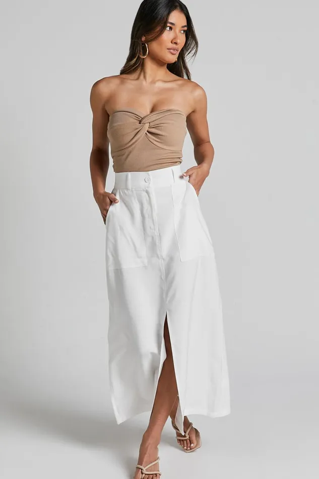 Abigail Midi Skirt 8211 Front Split High Waisted Cargo Skirt In White Women Showpo Basics Abigail Midi Skirt 8211 Front Split High Waisted Cargo Skirt In White Women Showpo Basics
