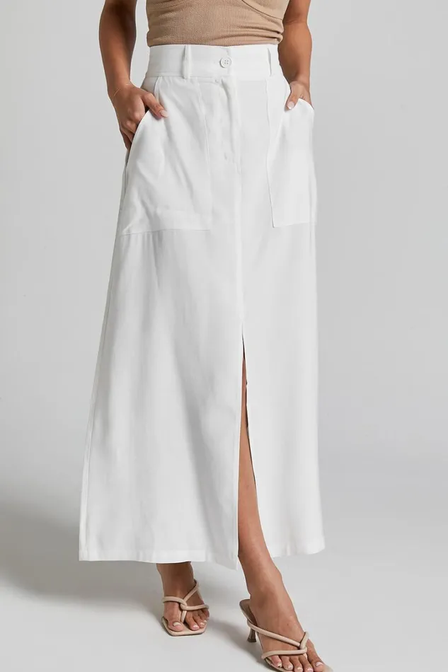 Abigail Midi Skirt 8211 Front Split High Waisted Cargo Skirt In White Women Showpo Basics