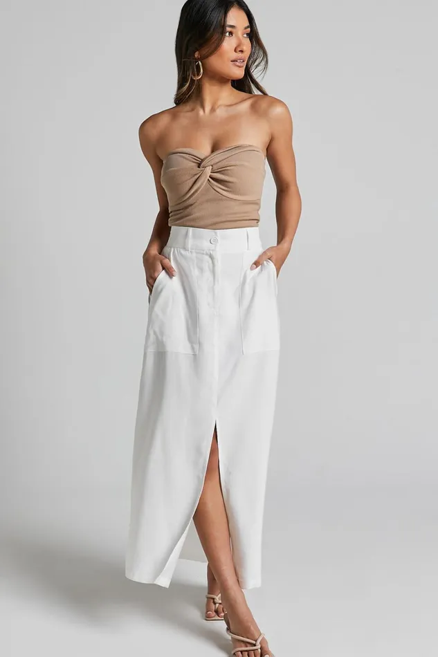 Abigail Midi Skirt 8211 Front Split High Waisted Cargo Skirt In White Women Showpo Basics