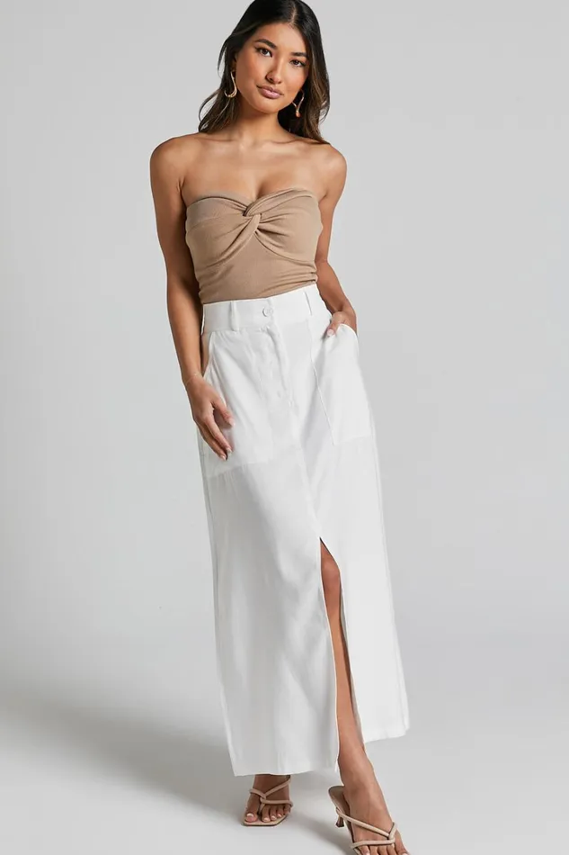 Abigail Midi Skirt 8211 Front Split High Waisted Cargo Skirt In White Women Showpo Basics