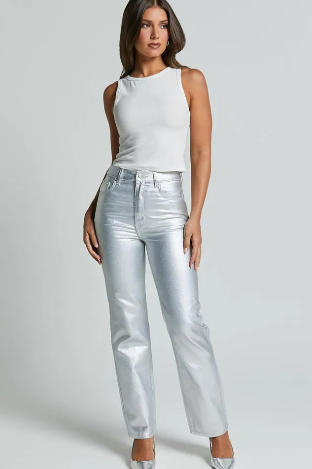 Addison Jeans 8211 High Waisted Metallic Jeans In Silver Women Showpo Jeans