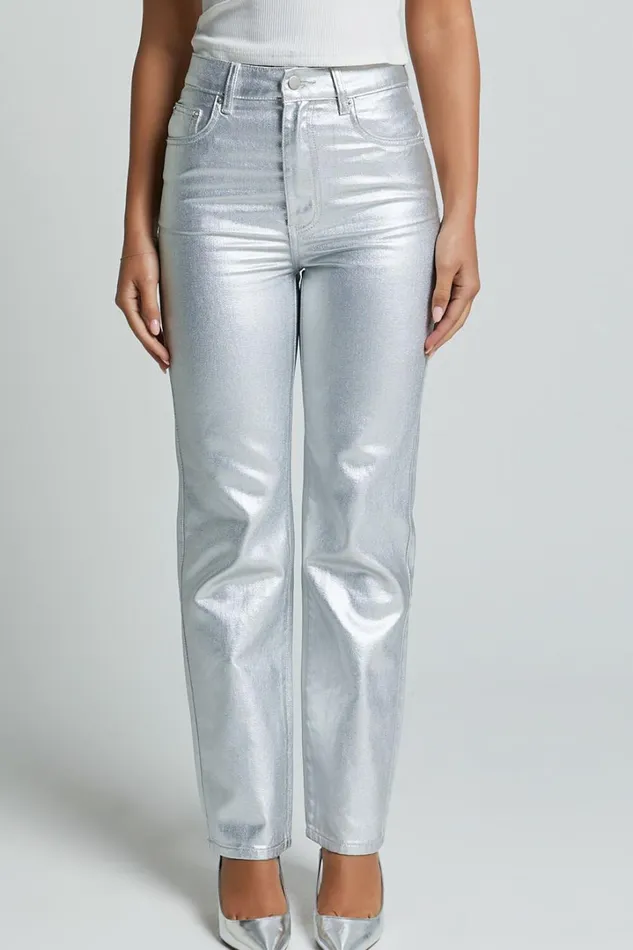Addison Jeans 8211 High Waisted Metallic Jeans In Silver Women Showpo Jeans