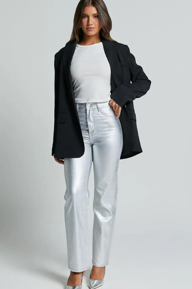 Addison Jeans 8211 High Waisted Metallic Jeans In Silver Women Showpo Jeans