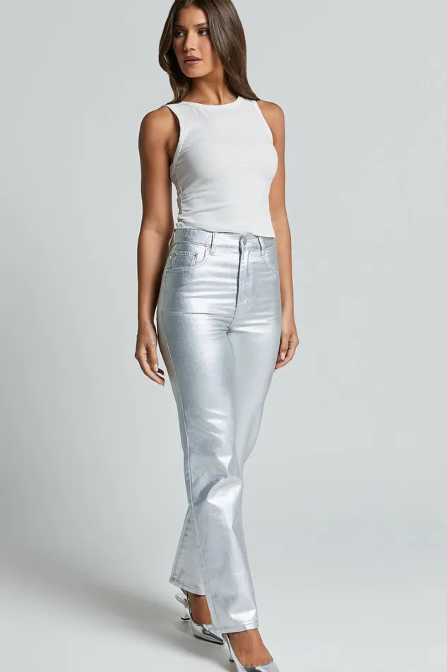Addison Jeans 8211 High Waisted Metallic Jeans In Silver Women Showpo Jeans