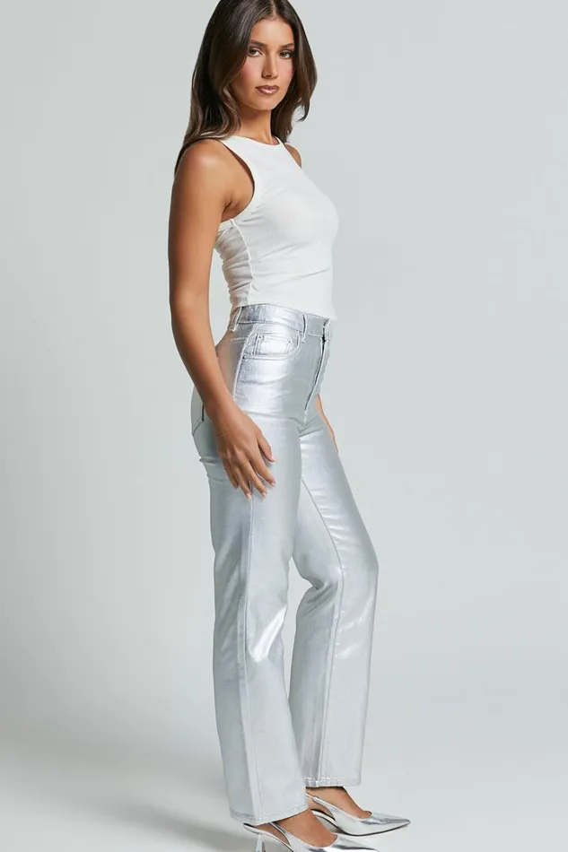 Addison Jeans 8211 High Waisted Metallic Jeans In Silver Women Showpo Jeans