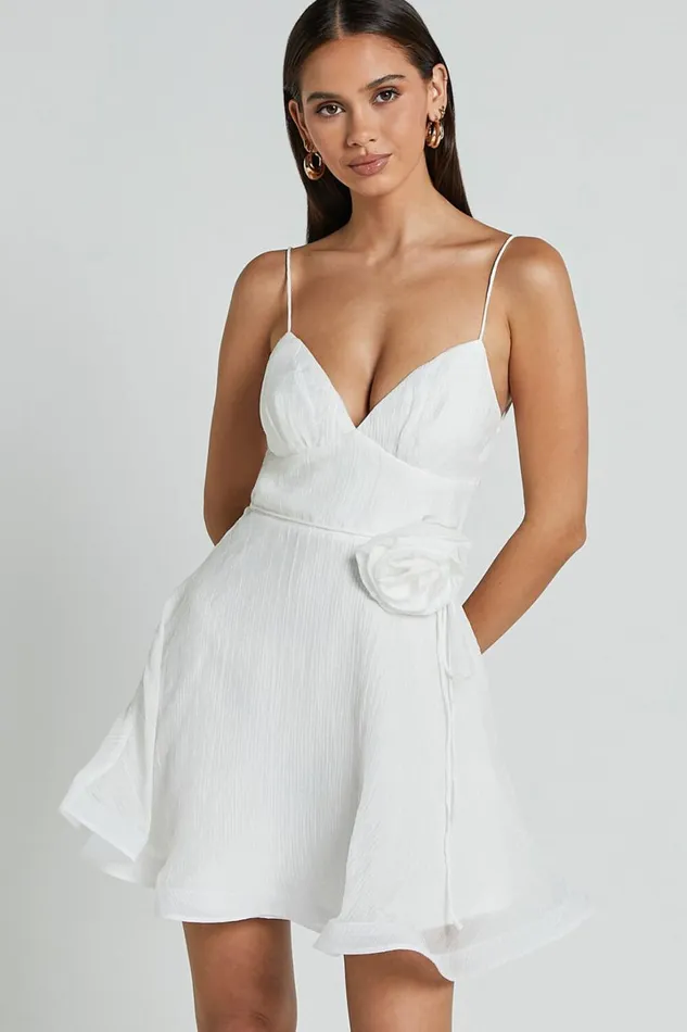 Adeline Mini Dress 8211 Gathered Bust V Neck Rosette Detail Dress In White Women Showpo Dresses