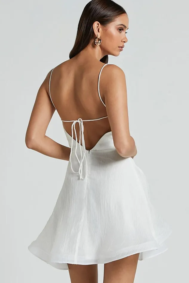 Adeline Mini Dress 8211 Gathered Bust V Neck Rosette Detail Dress In White Women Showpo Dresses