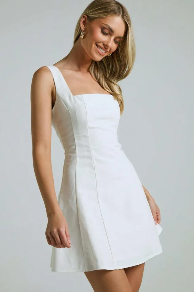 Adiana Mini Dress 8211 Linen Look Square Neck Shirred Back A Line Dress In Off White Women Showpo Curve Clothes