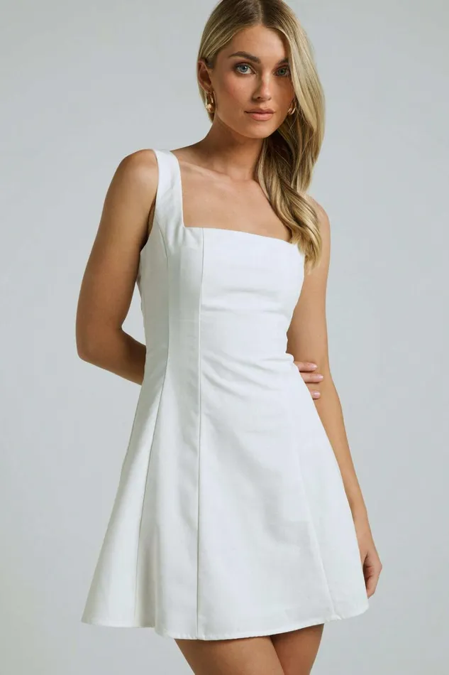 Adiana Mini Dress 8211 Linen Look Square Neck Shirred Back A Line Dress In Off White Women Showpo Curve Clothes