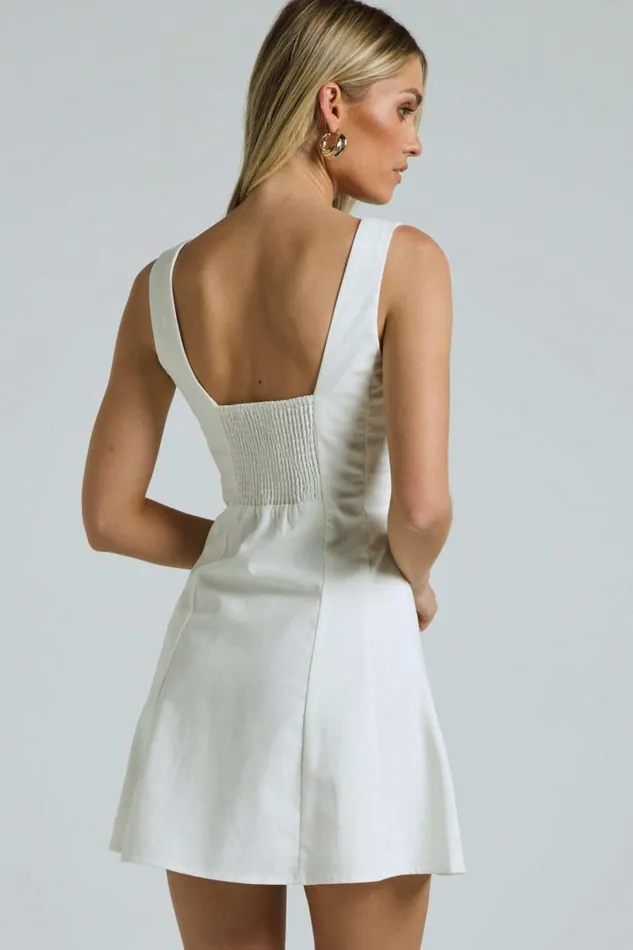 Adiana Mini Dress 8211 Linen Look Square Neck Shirred Back A Line Dress In Off White Women Showpo Curve Clothes