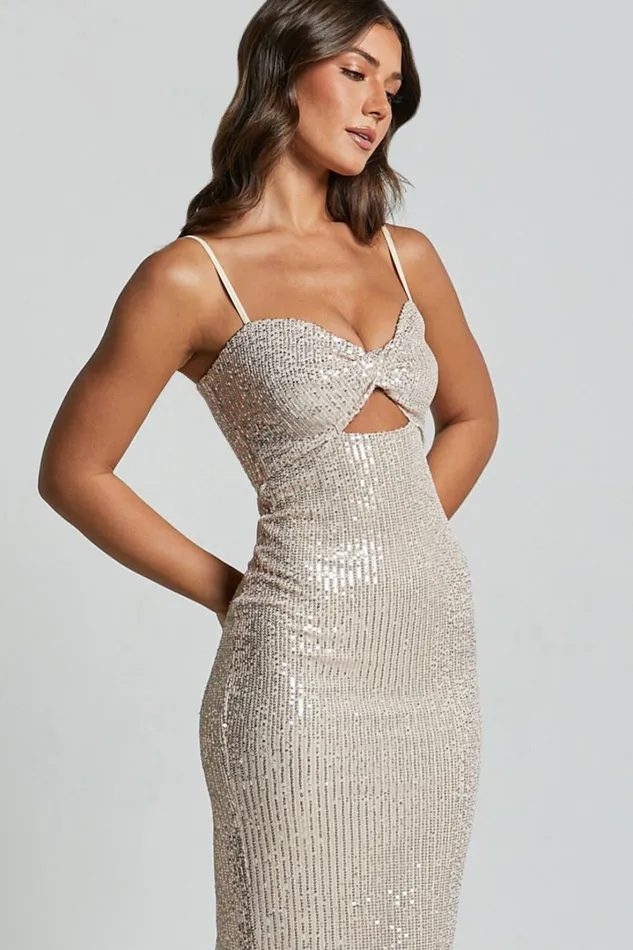 Agatha Maxi Dress 8211 Sequin Twist Front Cut Out Dress In Gold Women Showpo Dresses