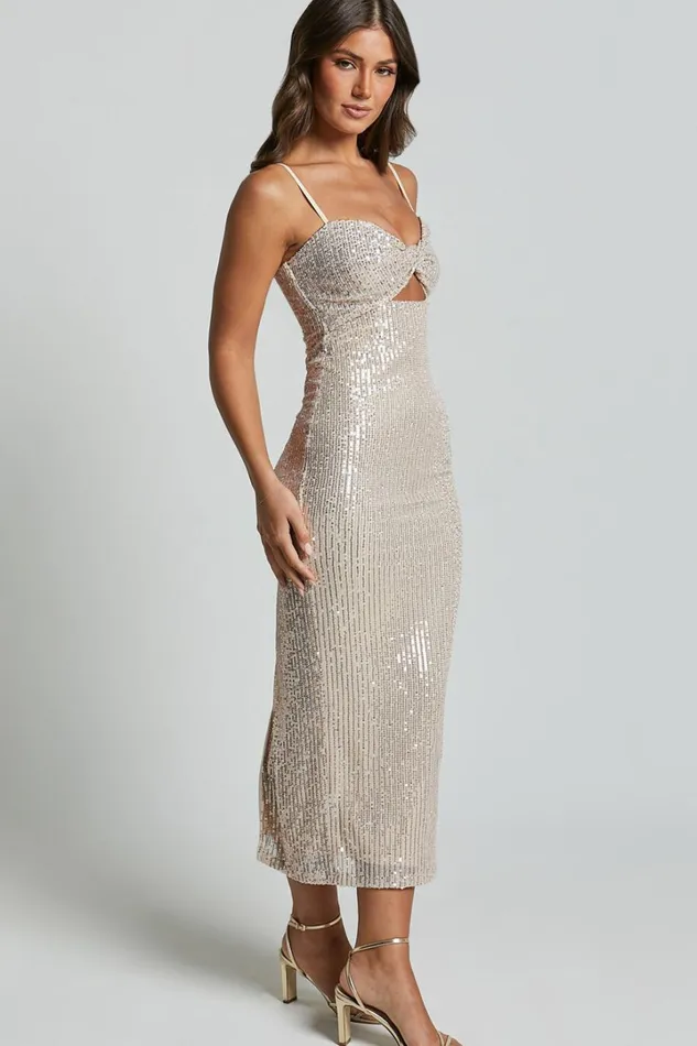 Agatha Maxi Dress 8211 Sequin Twist Front Cut Out Dress In Gold Women Showpo Dresses