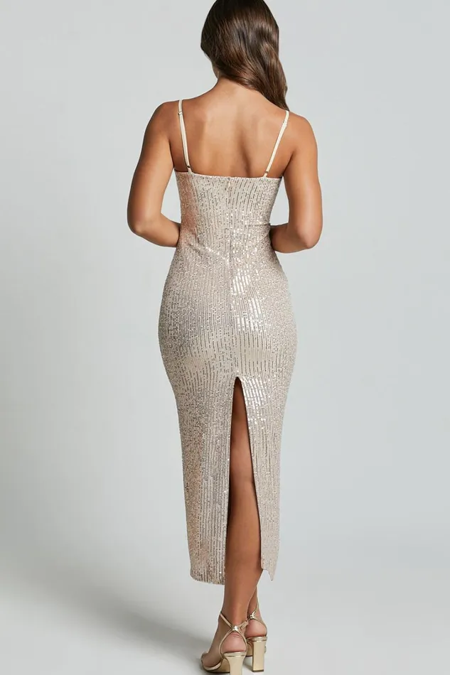 Agatha Maxi Dress 8211 Sequin Twist Front Cut Out Dress In Gold Women Showpo Dresses