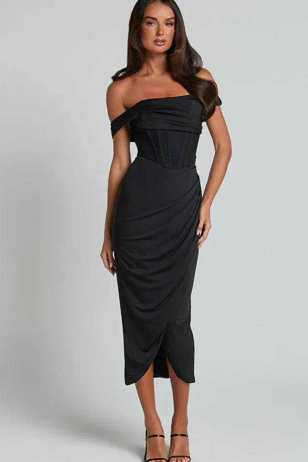Aidia Midi Dress 8211 One Shoulder Draped Corset Dress In Black Women Showpo Dresses