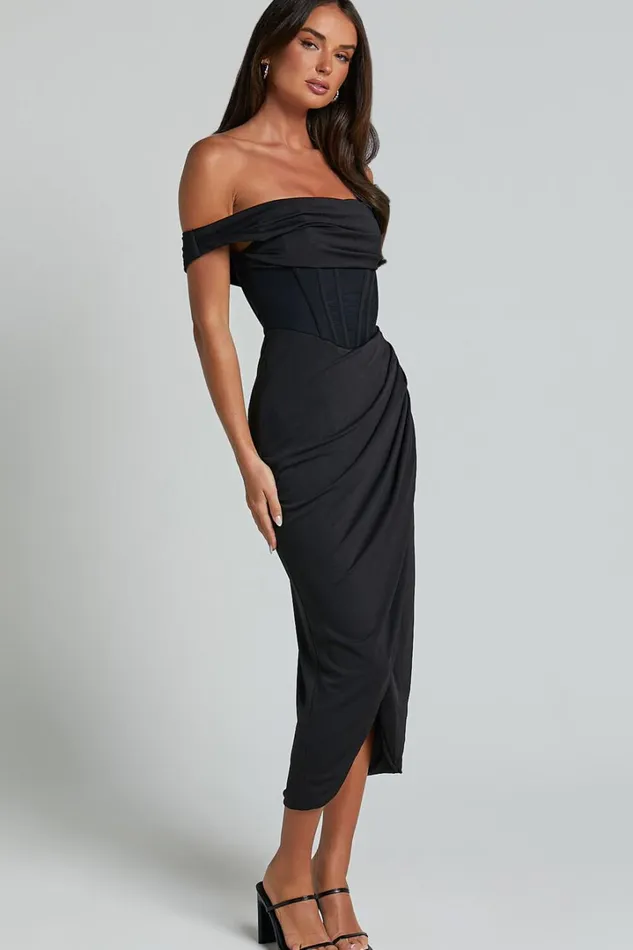 Aidia Midi Dress 8211 One Shoulder Draped Corset Dress In Black Women Showpo Dresses