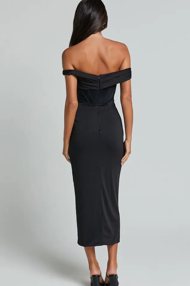 Aidia Midi Dress 8211 One Shoulder Draped Corset Dress In Black Women Showpo Dresses