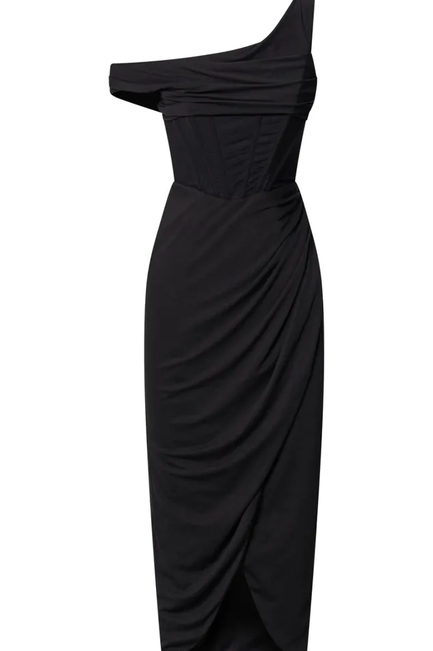 Aidia Midi Dress 8211 One Shoulder Draped Corset Dress In Black Women Showpo Dresses