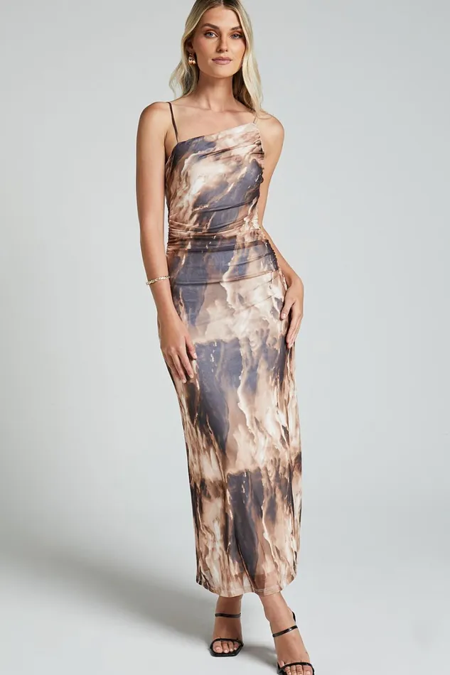Aimee Midi Dress Mesh One Shoulder Ruched Dress In Brown Women Showpo Dresses