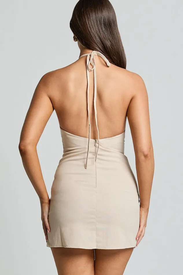 Alana Mini Dress 8211 Halter Neck A Line Dress In Natural Women Showpo Conscious