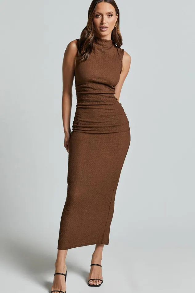Aleks Midi Dress 8211 High Neck Bodycon Dress In Dark Oak Women Showpo Basics