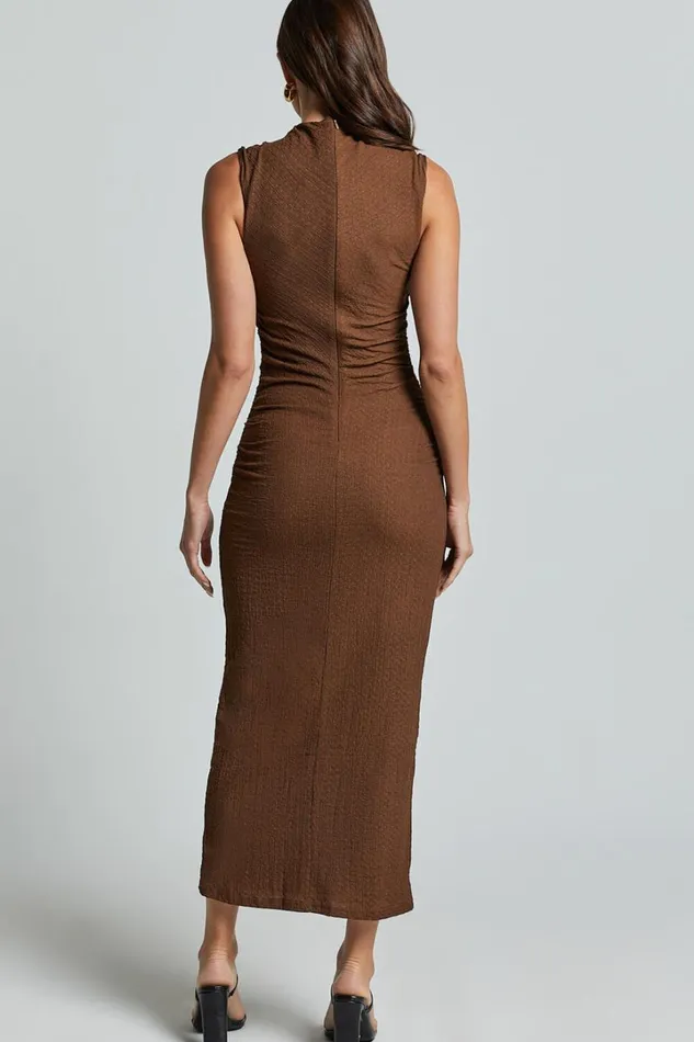 Aleks Midi Dress 8211 High Neck Bodycon Dress In Dark Oak Women Showpo Basics