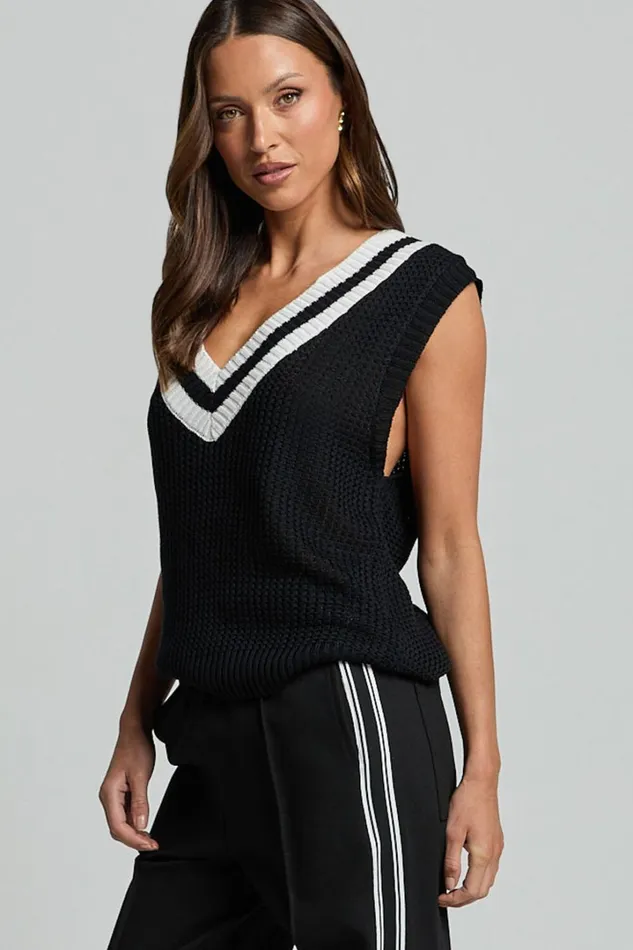 Aleona Top 8211 V Neck Sleeveless Knit Sweater Vest In Black Women Showpo Knitwear