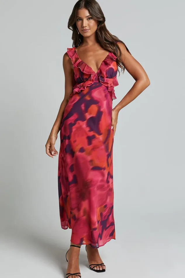 Alessa Midi Dress 8211 V Neck Frill Detail Empire Waist Back Cut Out Dress In Adeana Print Women Showpo Curve Clothes