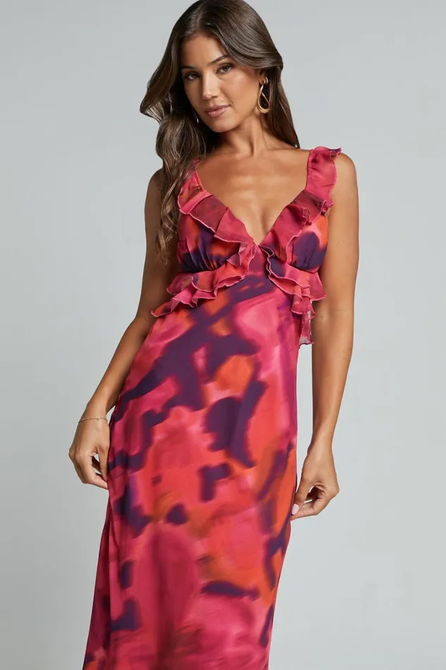 Alessa Midi Dress 8211 V Neck Frill Detail Empire Waist Back Cut Out Dress In Adeana Print Women Showpo Curve Clothes