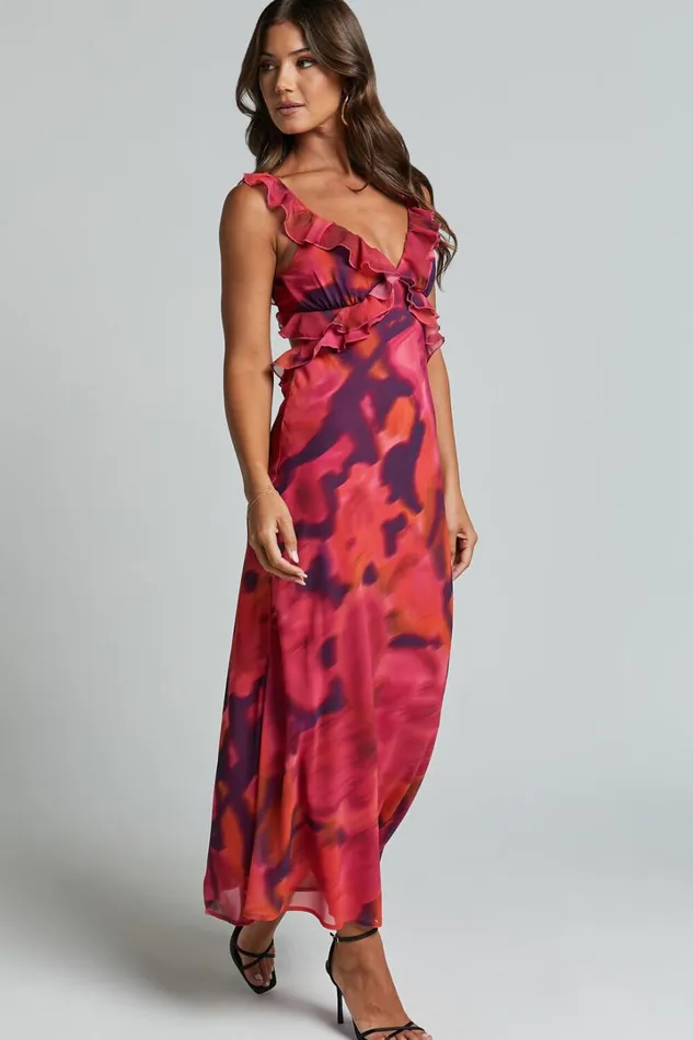 Alessa Midi Dress 8211 V Neck Frill Detail Empire Waist Back Cut Out Dress In Adeana Print Women Showpo Curve Clothes