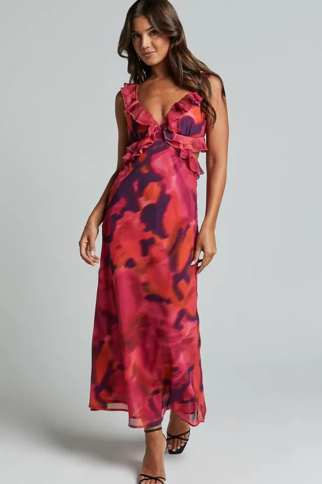 Alessa Midi Dress 8211 V Neck Frill Detail Empire Waist Back Cut Out Dress In Adeana Print Women Showpo Curve Clothes