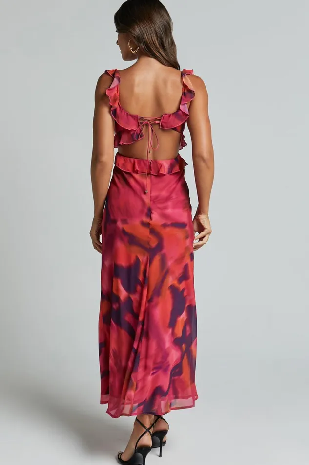 Alessa Midi Dress 8211 V Neck Frill Detail Empire Waist Back Cut Out Dress In Adeana Print Women Showpo Curve Clothes