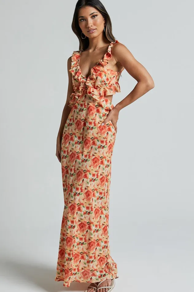 Alessa Midi Dress 8211 V Neck Frill Detail Empire Waist Back Cut Out Dress In Peach Floral Women Showpo Dresses Alessa Midi Dress 8211 V Neck Frill Detail Empire Waist Back Cut Out Dress In Peach Floral Women Showpo Dresses