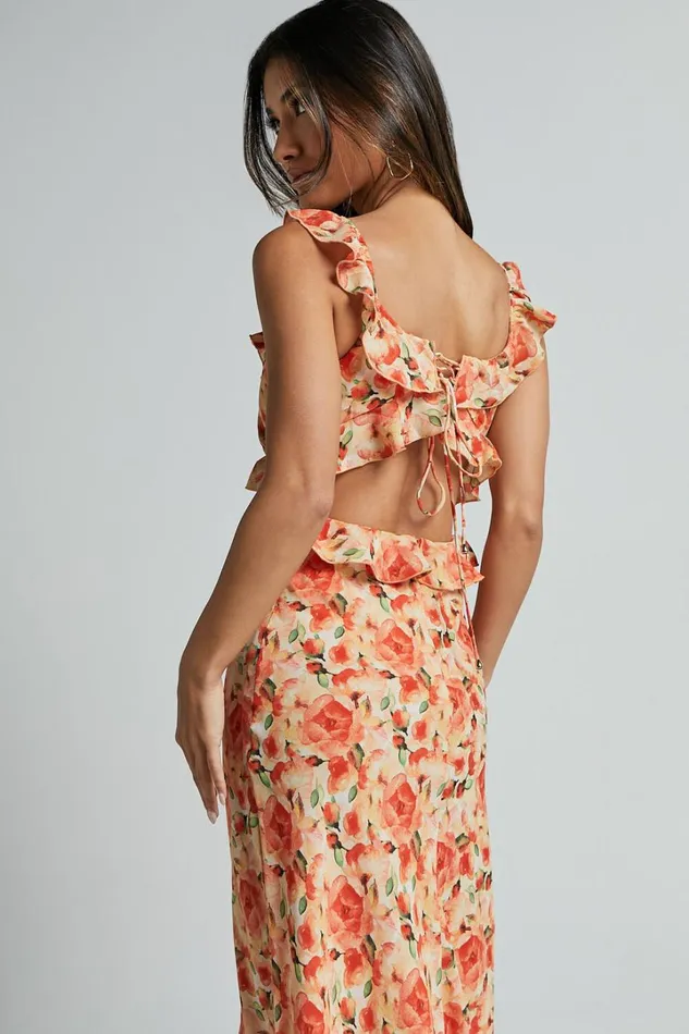 Alessa Midi Dress 8211 V Neck Frill Detail Empire Waist Back Cut Out Dress In Peach Floral Women Showpo Dresses