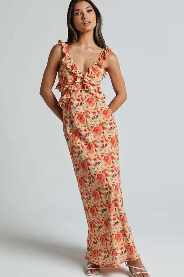 Alessa Midi Dress 8211 V Neck Frill Detail Empire Waist Back Cut Out Dress In Peach Floral Women Showpo Dresses