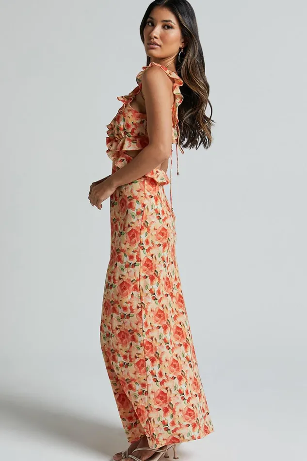 Alessa Midi Dress 8211 V Neck Frill Detail Empire Waist Back Cut Out Dress In Peach Floral Women Showpo Dresses