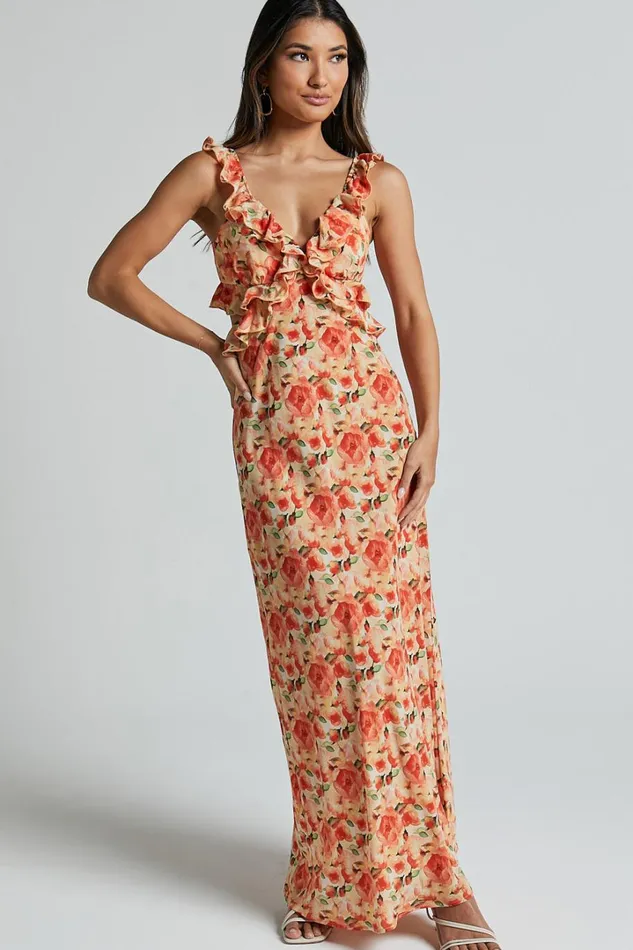 Alessa Midi Dress 8211 V Neck Frill Detail Empire Waist Back Cut Out Dress In Peach Floral Women Showpo Dresses