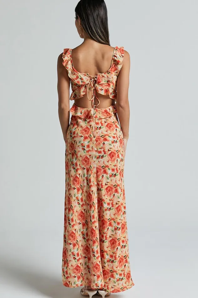 Alessa Midi Dress 8211 V Neck Frill Detail Empire Waist Back Cut Out Dress In Peach Floral Women Showpo Dresses