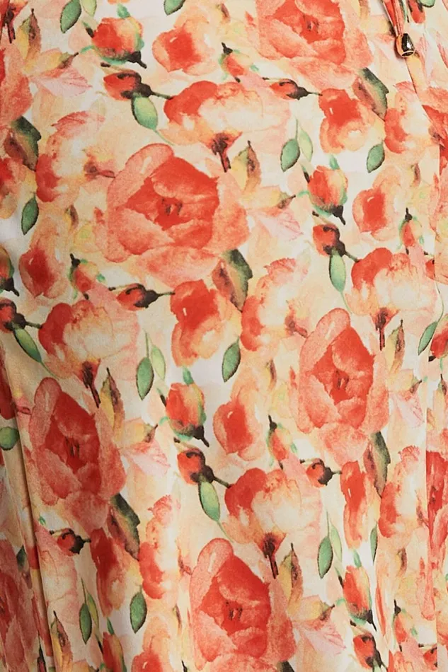 Alessa Midi Dress 8211 V Neck Frill Detail Empire Waist Back Cut Out Dress In Peach Floral Women Showpo Dresses