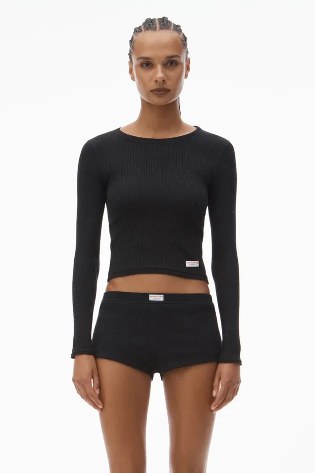 Alexander Wang Bodywear Crystal Hotfix Long Sleeve Crewneck Tee