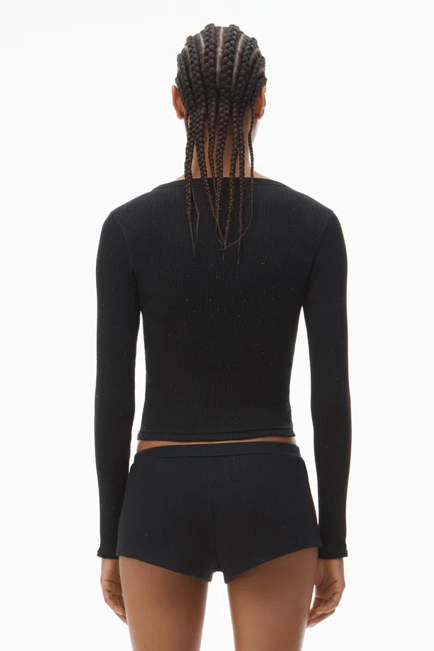 Alexander Wang Bodywear Crystal Hotfix Long Sleeve Crewneck Tee