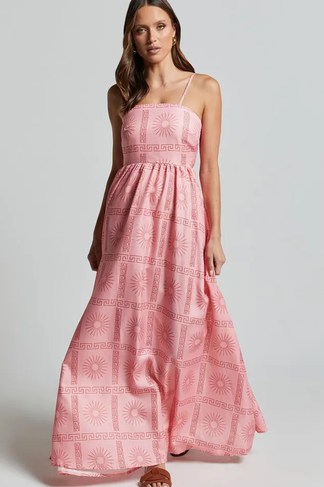 Alexis Midi Dress 8211 Strappy Straight Neck A Line Dress In Pink Print Women Showpo Dresses