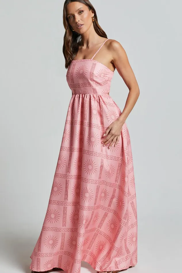 Alexis Midi Dress 8211 Strappy Straight Neck A Line Dress In Pink Print Women Showpo Dresses