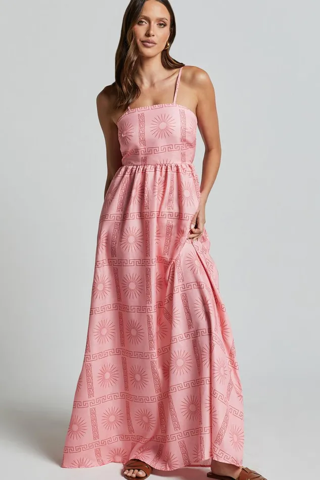 Alexis Midi Dress 8211 Strappy Straight Neck A Line Dress In Pink Print Women Showpo Dresses