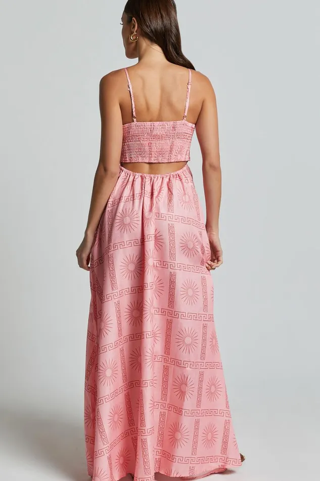 Alexis Midi Dress 8211 Strappy Straight Neck A Line Dress In Pink Print Women Showpo Dresses