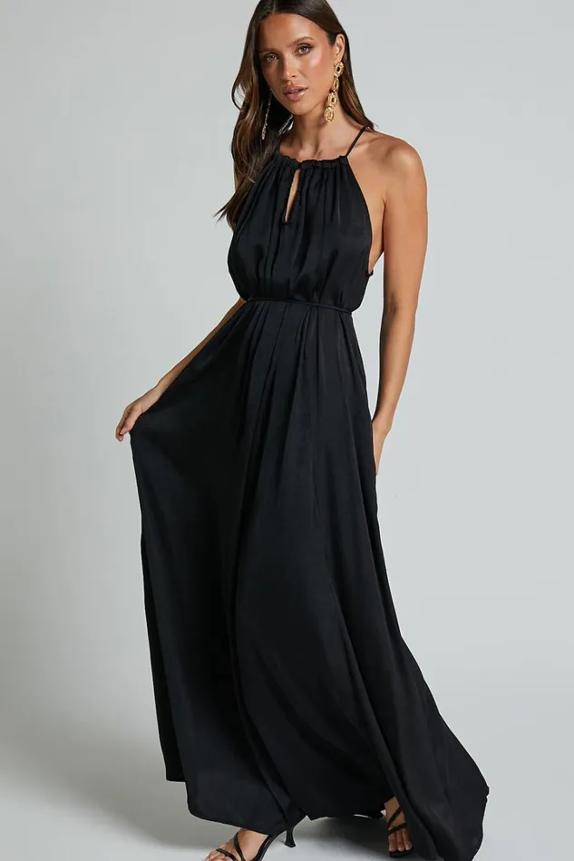 Aliciana Maxi Dress 8211 Halter Neck Tie Back Dress In Black Women Showpo Curve Clothes