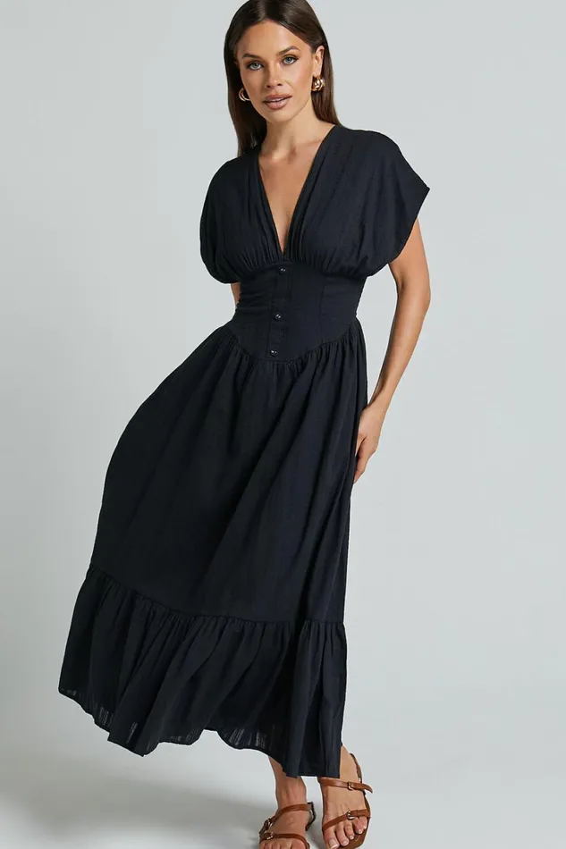 Allegra Midi Dress 8211 Deep V Neck A Line Dress In Black Women Showpo Dresses