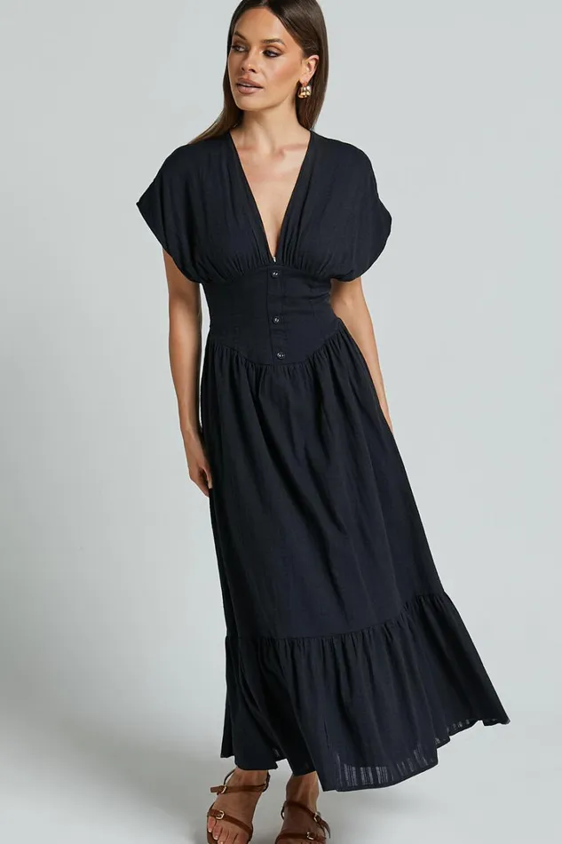 Allegra Midi Dress 8211 Deep V Neck A Line Dress In Black Women Showpo Dresses