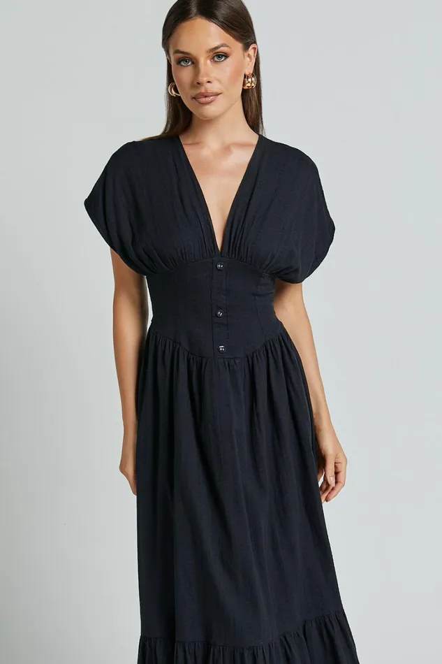 Allegra Midi Dress 8211 Deep V Neck A Line Dress In Black Women Showpo Dresses